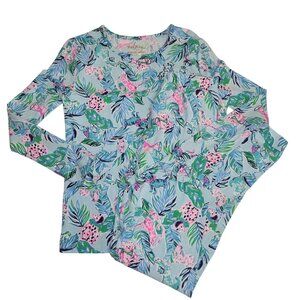 Lilly Pulitzer Girls Long-Sleeve Tropical Print Shirt Size 10 Blue & Pink Cotton